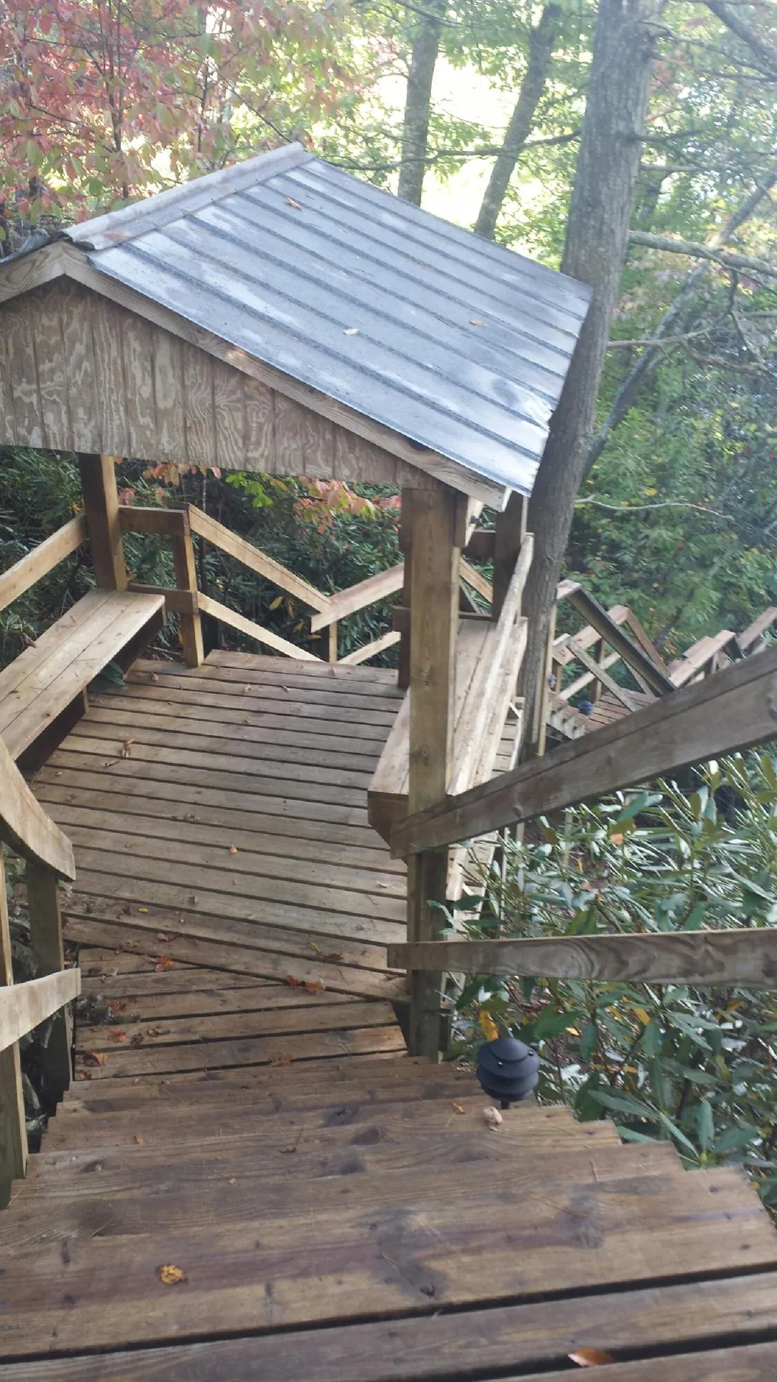 Metal roofed shelter over wooden steps on a wooded walkway — Skylight Repair & Installation work by our crew in Melrose